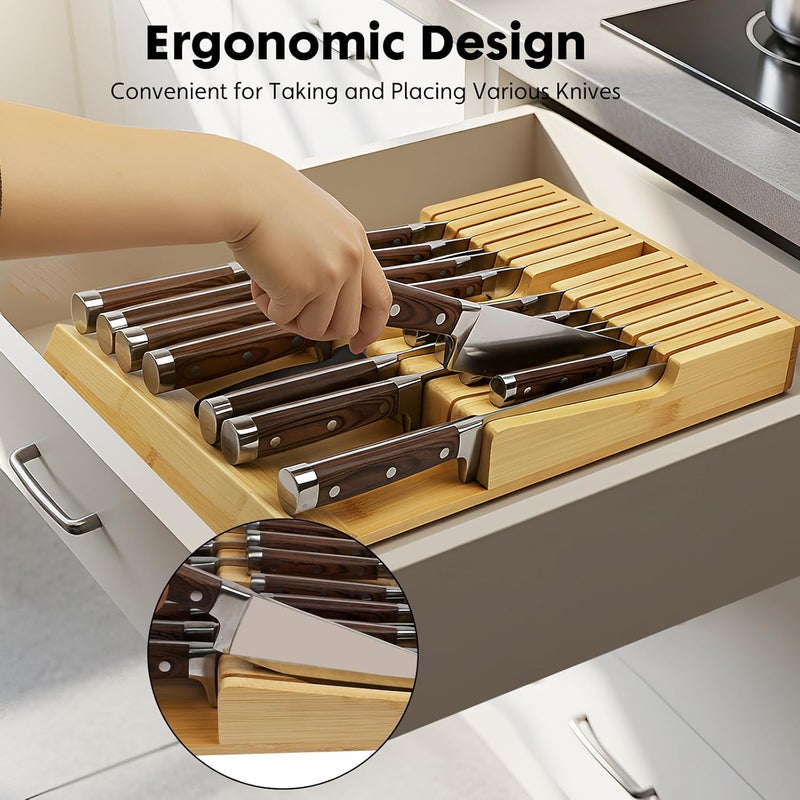 WenCraft Bamboo Kitchen Drawer Knife Holder, In-drawer Knife Block, Knife Drawer Organizer fit for 16 knives and 1 steel sharpening - Image 5
